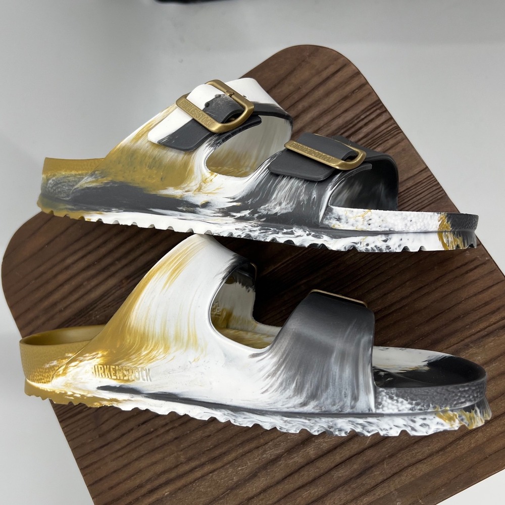 Birkenstock Arizona EVA Sandals Gold Black White Marble Slides 41 L10 M8 - Picture 5 of 6